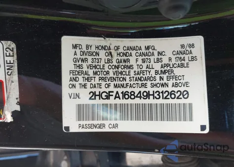 2009 Honda Civic Ex z USA, uszkodzony, nr VIN 2HGFA16849H312620